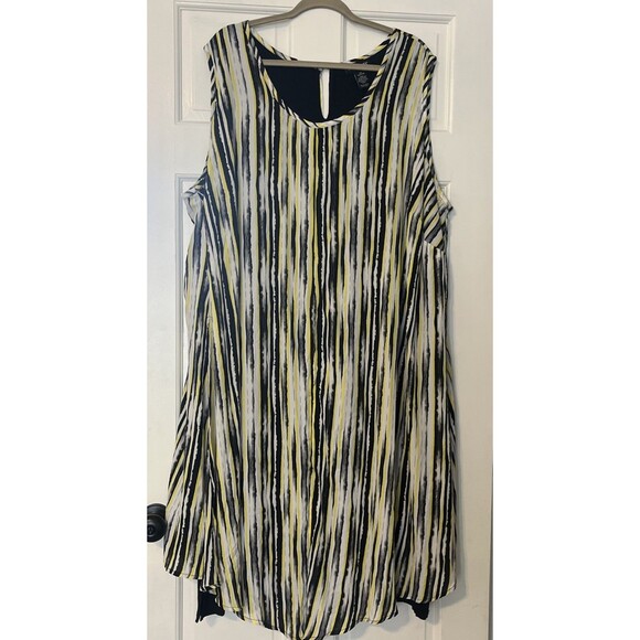 Catherines Midi Dress Womens 4X Sleeveless Striped Overlay Split Black Yellow - Picture 1 of 7